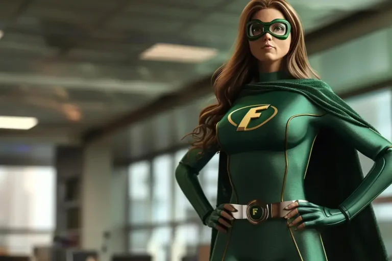 En kvinne i et grønt superheltkostyme med kappe og maske står selvsikkert i en kontorsetting og spør «Hva er din superkraft?