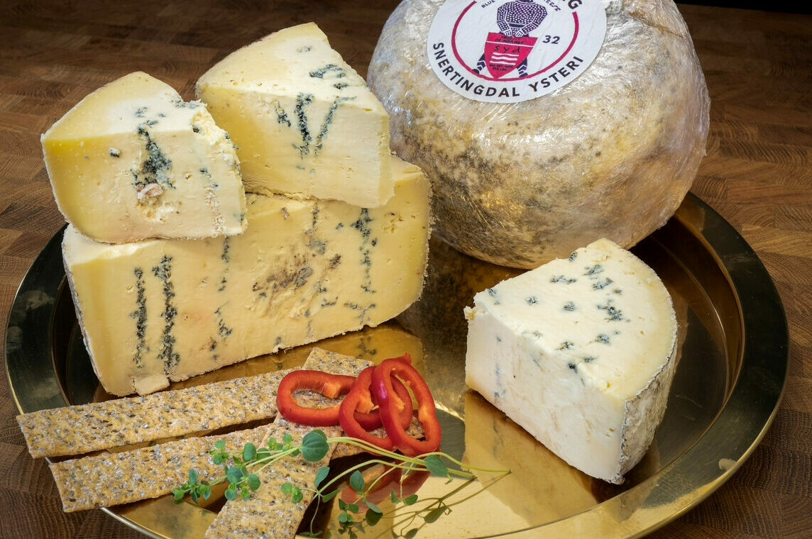 Et hjul og skiver av blåmuggostost er anrettet på et gullbrett med knekkebrød, skiver av rød paprika og mikrogrønt på et underlag av tre. Osten er merket "Snertingdal Ysteri".